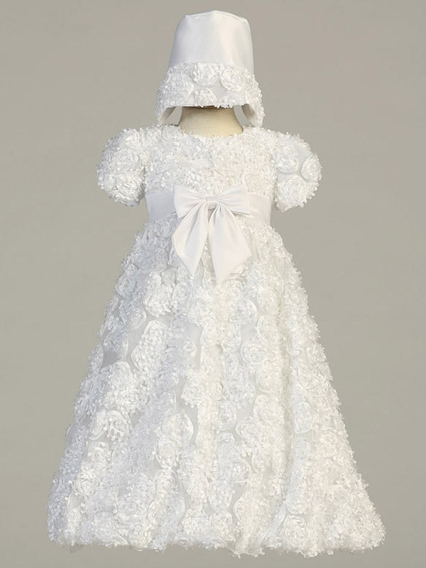 Baby Girls White Ribbon Tulle Dress bonnet Baptism set - Little N Kute Boutique