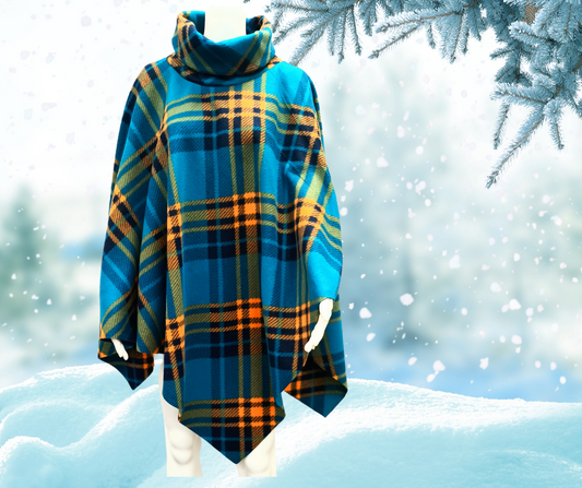 Women's Plaid Turtleneck Poncho - Cozy Fleece Sweater | Oversized Pullover