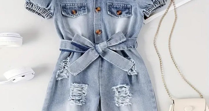 Girl's Button Front Ripped Puff Short Sleeve Belted Denim Jumpsuit Pants Overall