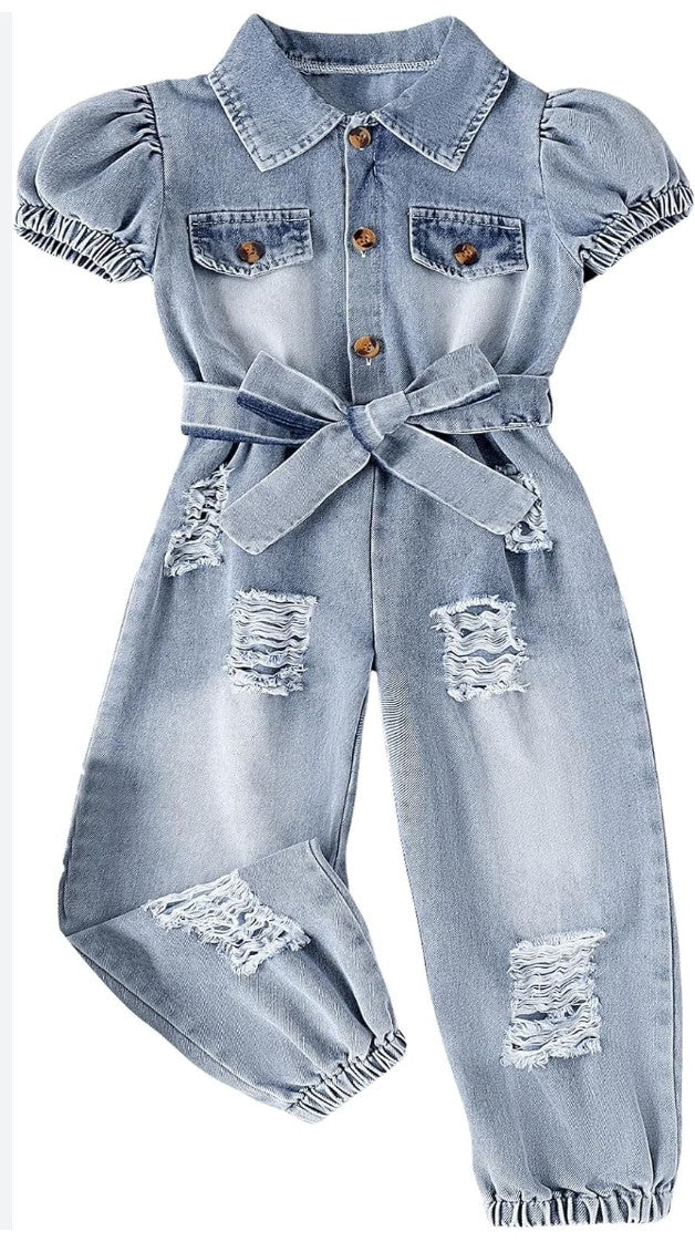 Girl's Button Front Ripped Puff Short Sleeve Belted Denim Jumpsuit Pants Overall