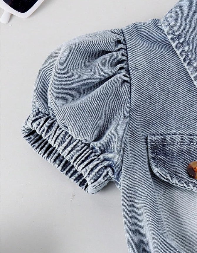 Girl's Button Front Ripped Puff Short Sleeve Belted Denim Jumpsuit Pants Overall