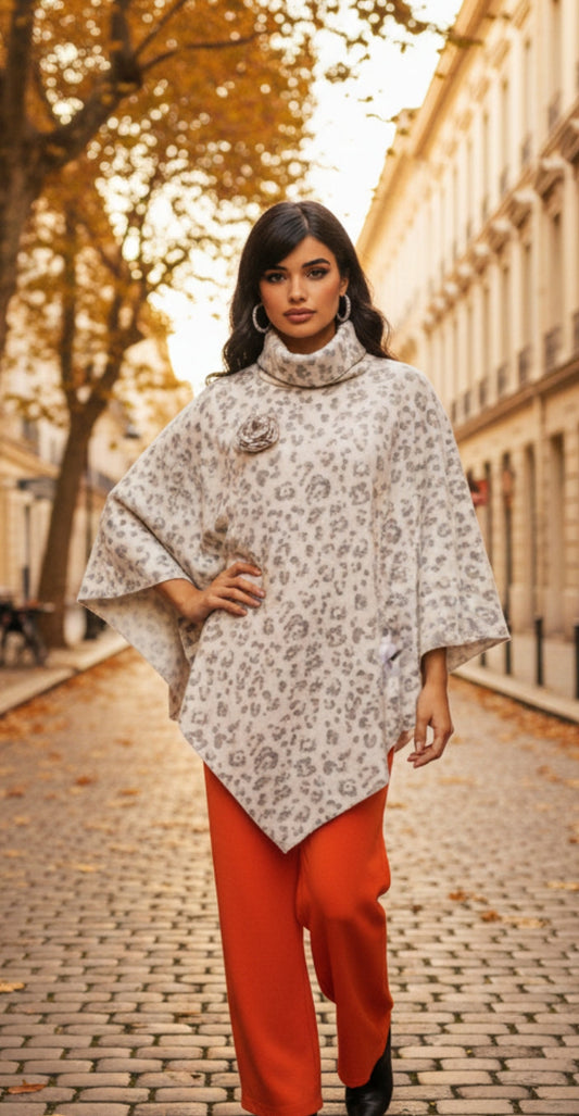 Women's Leopard Print Poncho Turtleneck Fleece Pullover / Cream & Brown