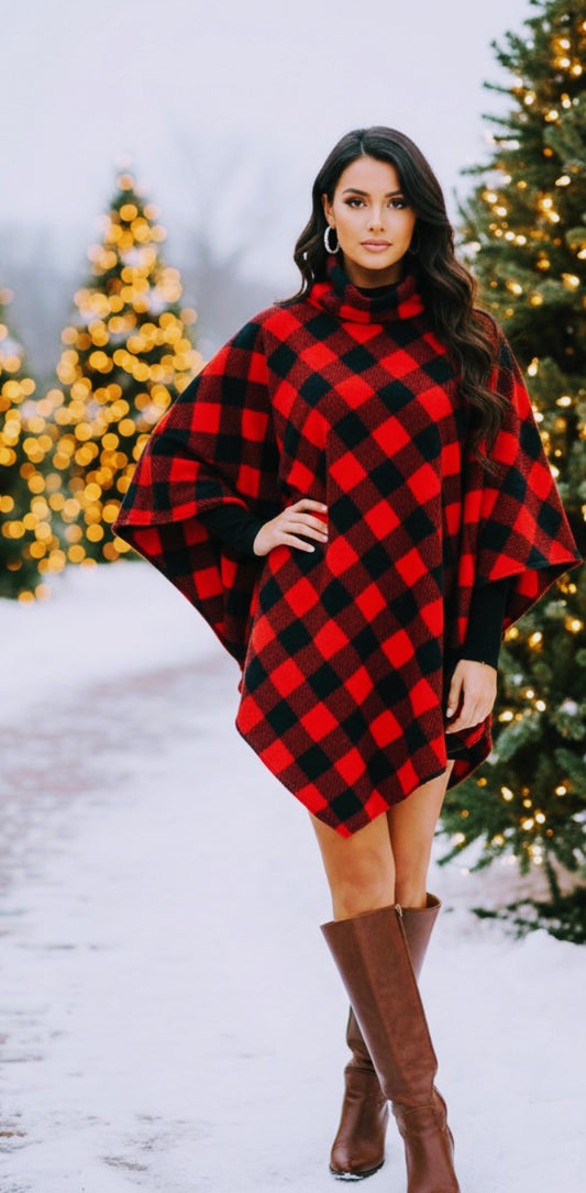 Red Buffalo Check Turtleneck Poncho - Cozy Fleece Cowl Neck | Women's Plaid