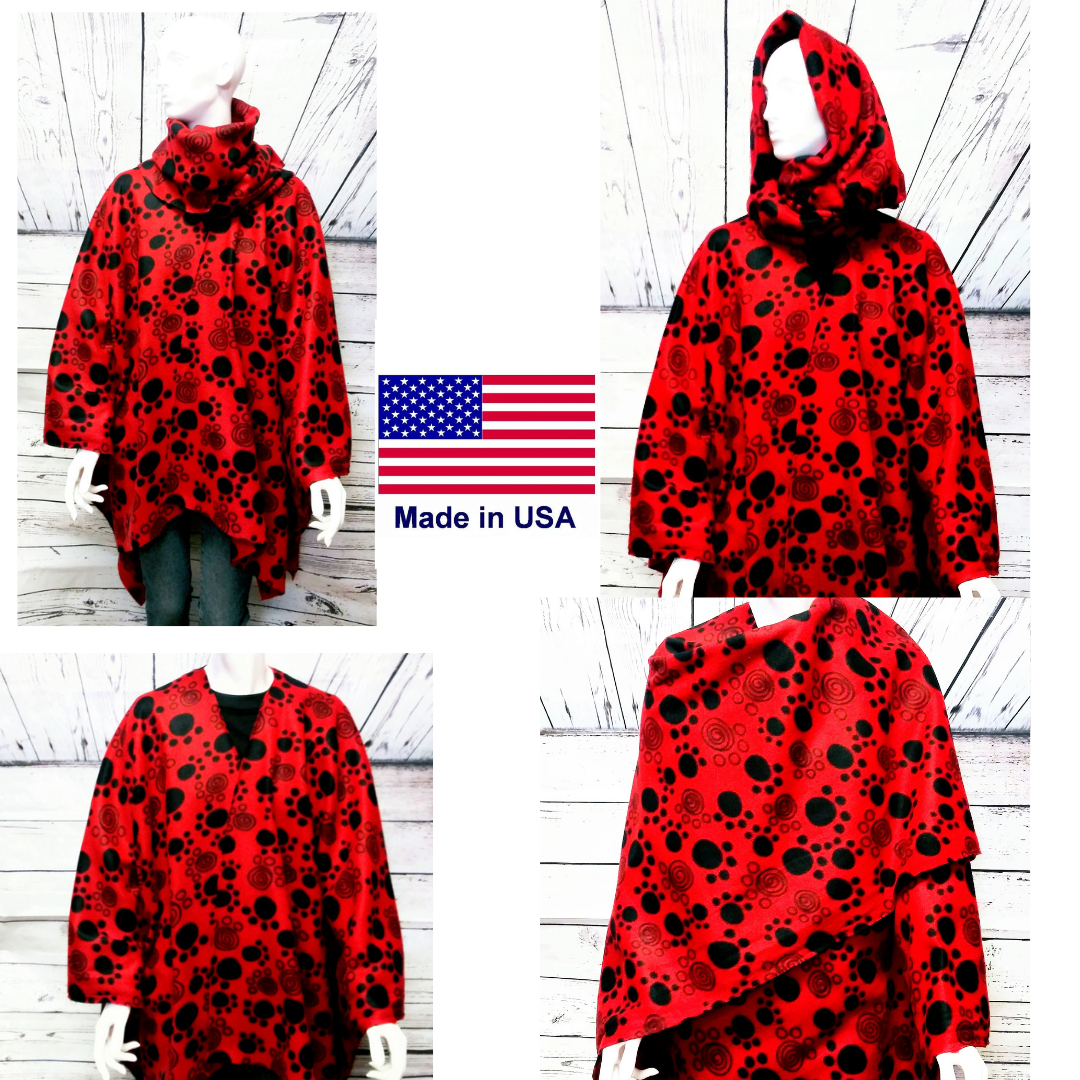 Red Black Plaid Fleece Poncho -Women's Fleece Wrap Shawl