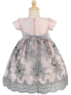 Lito Girls Pink Silver Shantung Sequins Tulle Christmas Dress 2T-12 - Little N Kute Boutique