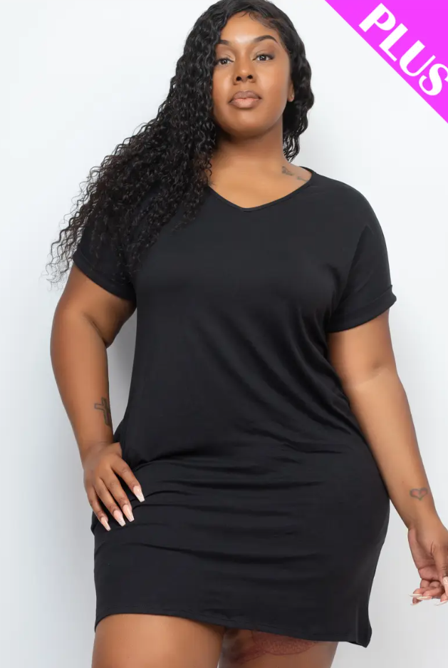 Plus Size Cap Sleeve Pocket Mini Dress - Little N Kute Boutique