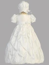 baby girls white gathered taffeta dress bonnet baptism set  cg-003 - 0