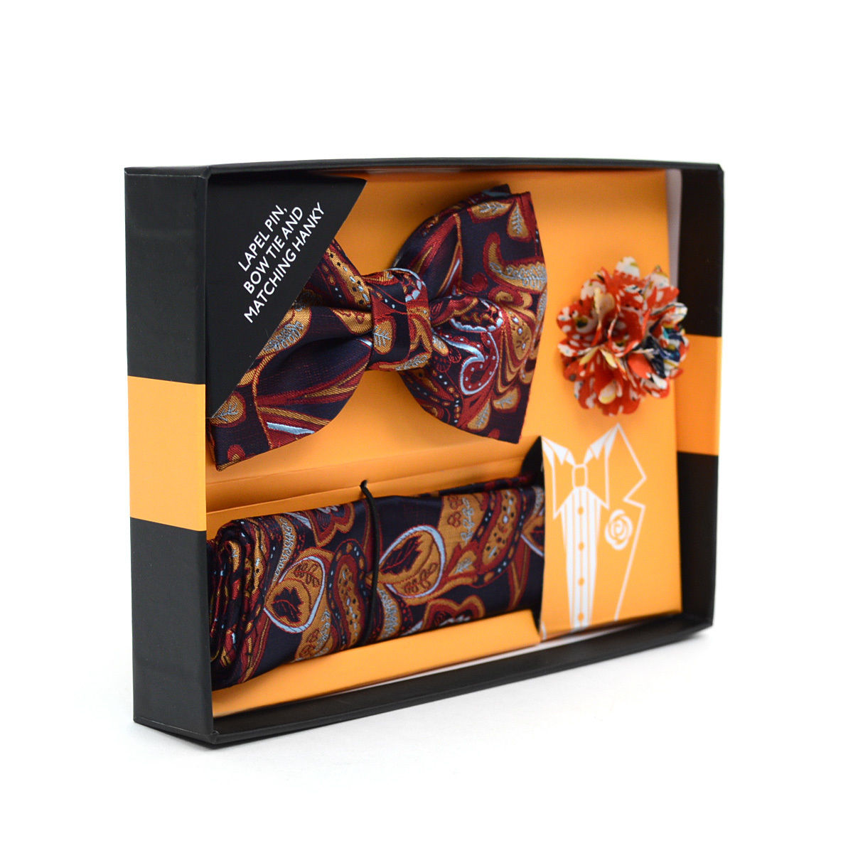 Men's Paisley  Banded Bow Tie, Matching Hanky & Lapel Pin Set - Little N Kute Boutique